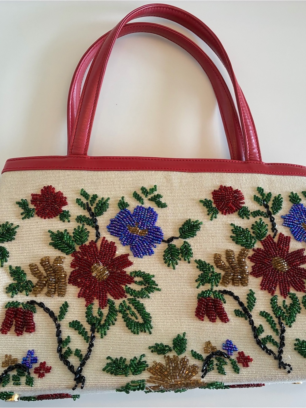 Nicole Miller Beaded Floral Canvas Tote Satchal with Red Leather Trim